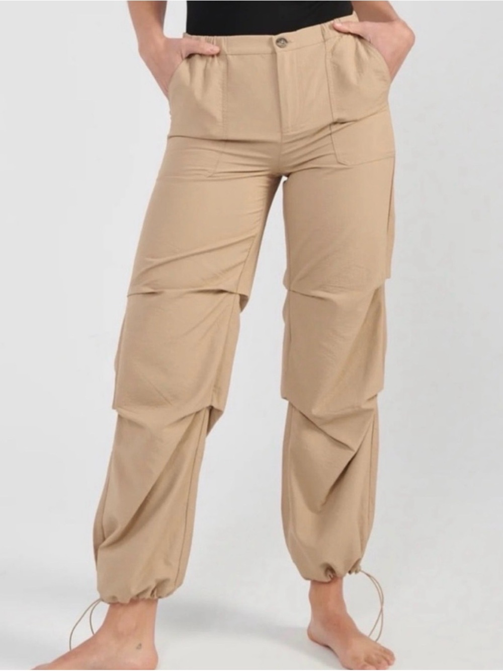 Women's Beige Tiered Cargo Ankle Jogger Pants